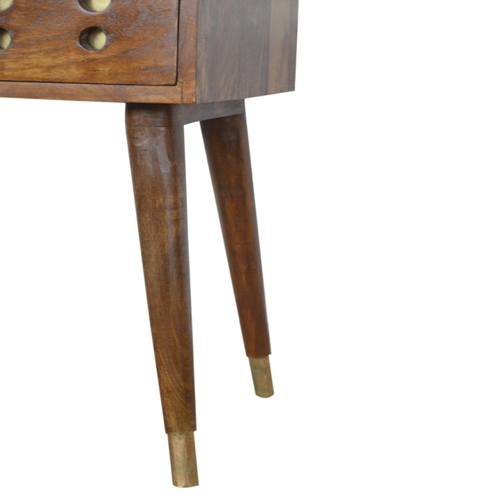 Chestnut Brass Cut out Nightstand - Solid Mango Wood Bedside Table for Bedroom - product view 5 showing handcrafted solid...