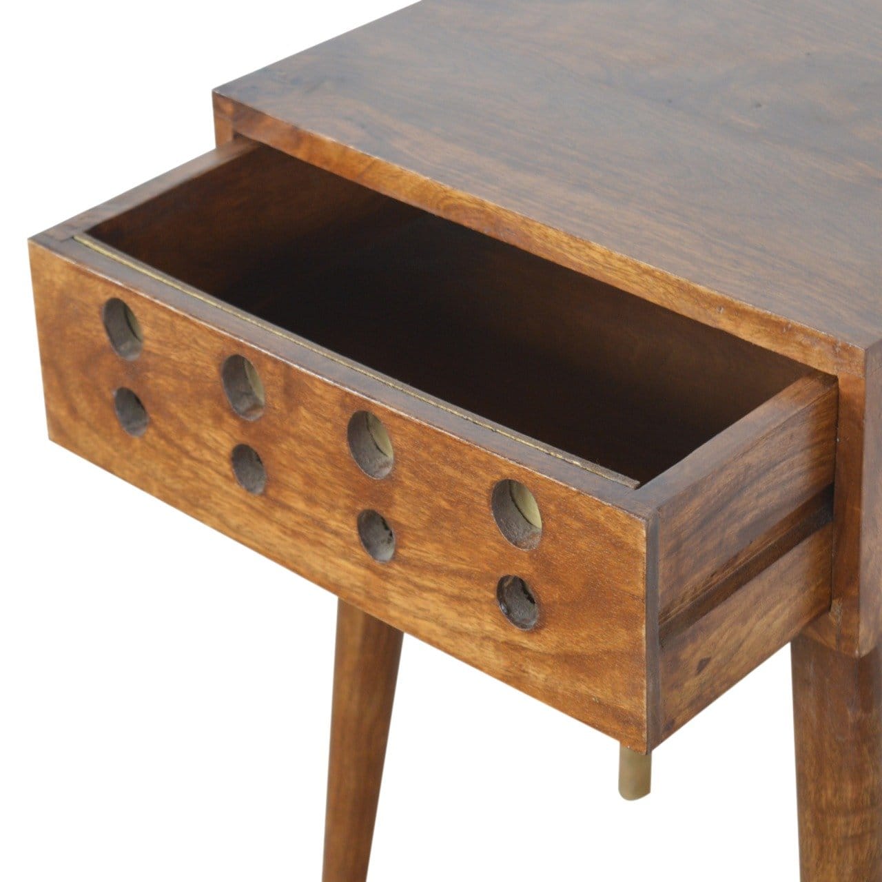 Chestnut Brass Cut out Nightstand - Solid Mango Wood Bedside Table for Bedroom - product view 4 showing handcrafted solid...