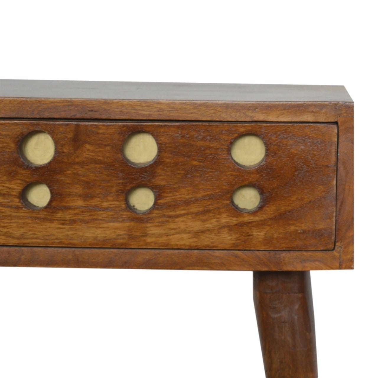 Chestnut Brass Cut out Nightstand - Solid Mango Wood Bedside Table for Bedroom - product view 3 showing handcrafted solid...