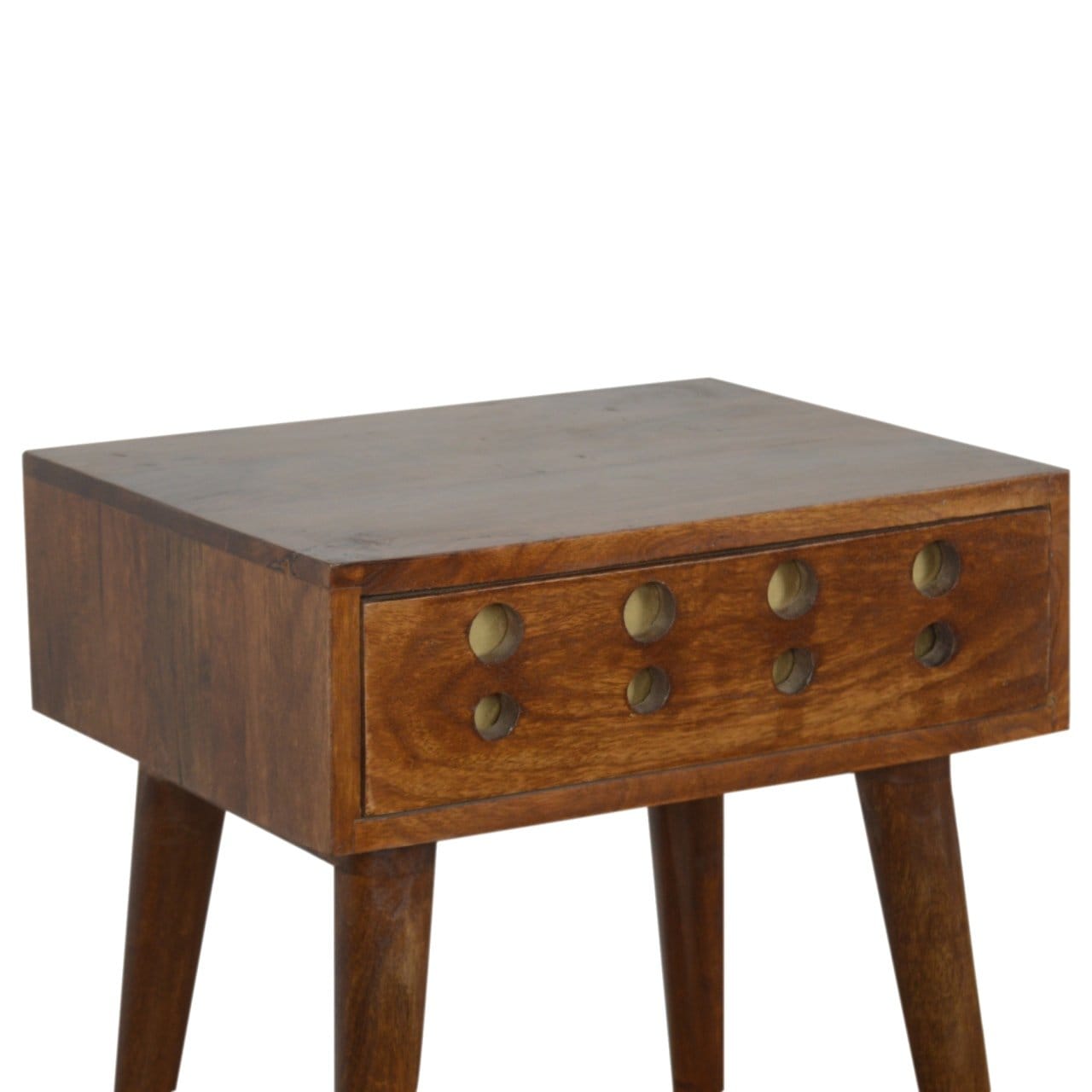 Chestnut Brass Cut out Nightstand - Solid Mango Wood Bedside Table for Bedroom - product view 2 showing handcrafted solid...