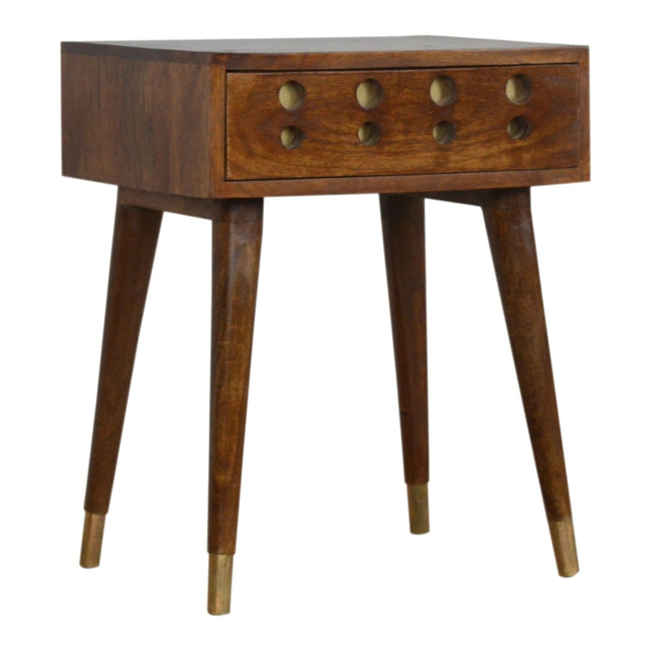 Chestnut Brass Cut out Nightstand - Solid Mango Wood Bedside Table for Bedroom - main view showing handcrafted solid...