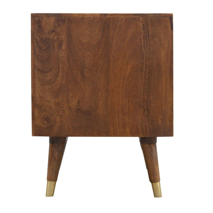 Chestnut Brass Cut-out Nightstand - Solid Mango Wood Bedside Table for Bedroom - product view 8 showing handcrafted solid...