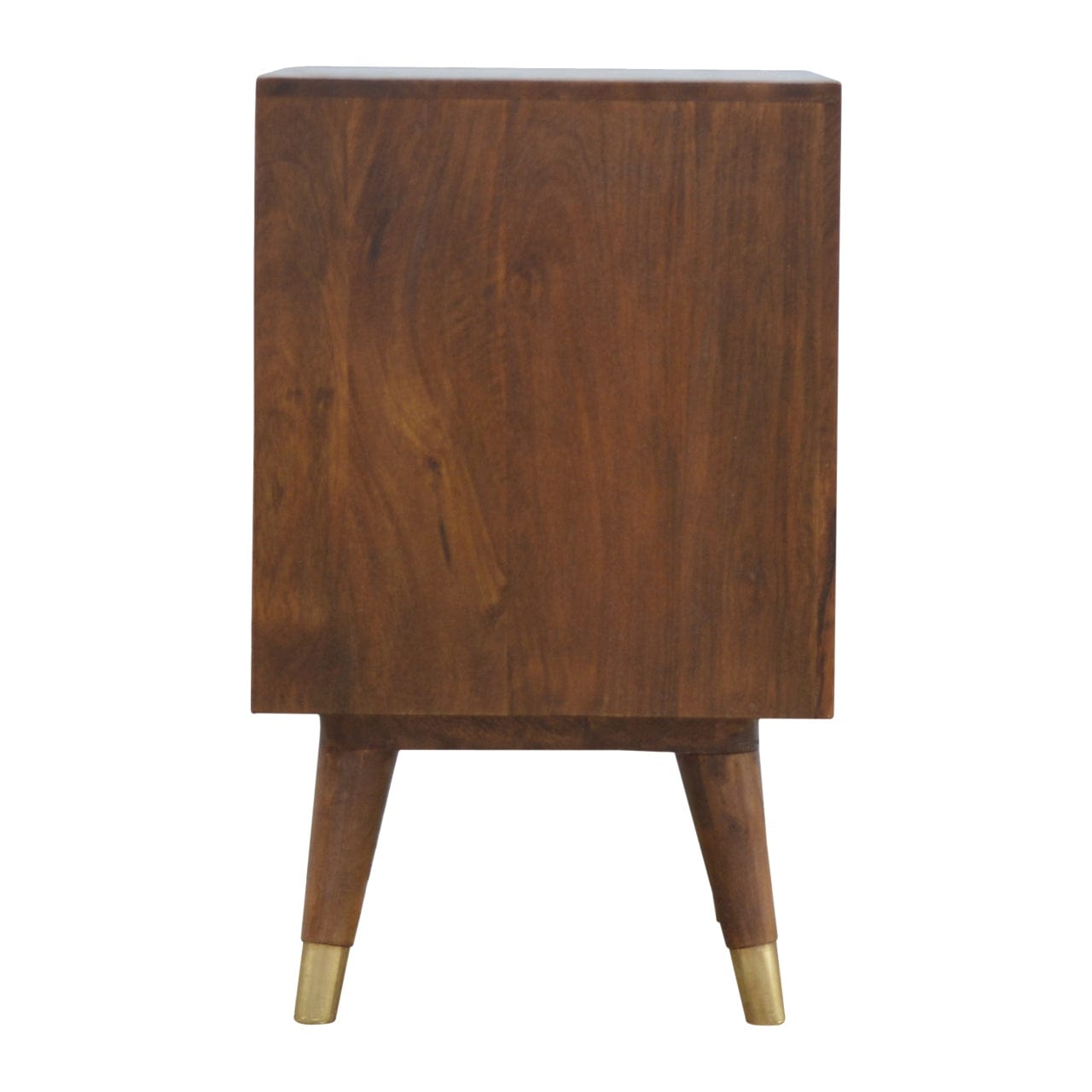 Chestnut Brass Cut-out Nightstand - Solid Mango Wood Bedside Table for Bedroom - product view 7 showing handcrafted solid...