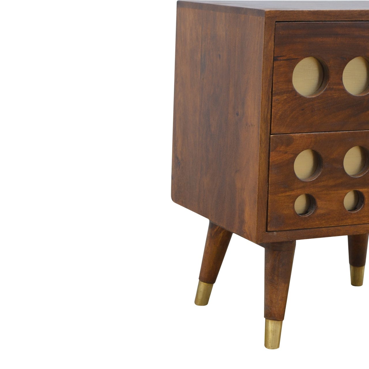 Chestnut Brass Cut-out Nightstand - Solid Mango Wood Bedside Table for Bedroom - product view 6 showing handcrafted solid...