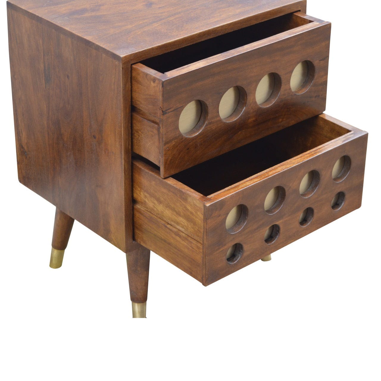 Chestnut Brass Cut-out Nightstand - Solid Mango Wood Bedside Table for Bedroom - product view 5 showing handcrafted solid...
