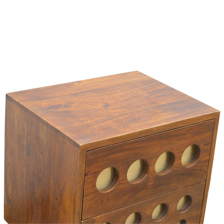 Chestnut Brass Cut-out Nightstand - Solid Mango Wood Bedside Table for Bedroom - product view 4 showing handcrafted solid...