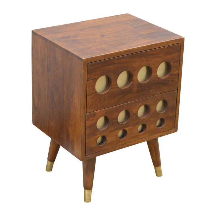 Chestnut Brass Cut-out Nightstand - Solid Mango Wood Bedside Table for Bedroom - product view 3 showing handcrafted solid...