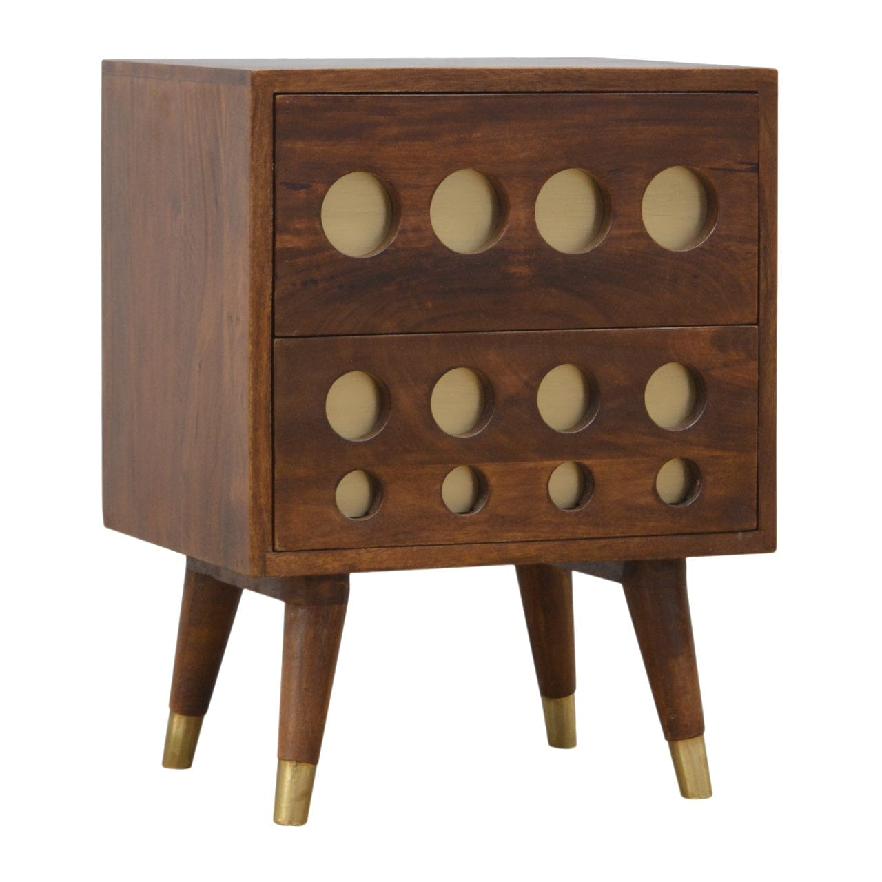 Chestnut Brass Cut-out Nightstand - Solid Mango Wood Bedside Table for Bedroom - product view 2 showing handcrafted solid...