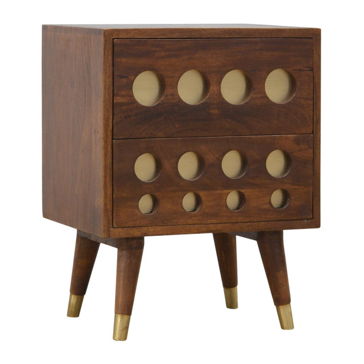 Chestnut Brass Cut-out Nightstand - Solid Mango Wood Bedside Table for Bedroom - product view 2 showing handcrafted solid...
