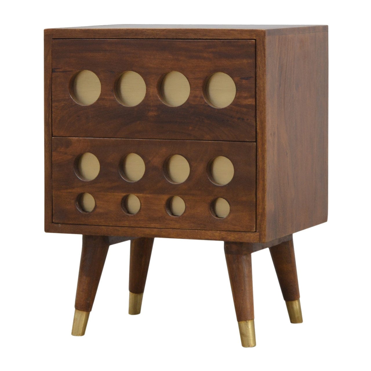 Chestnut Brass Cut-out Nightstand - Solid Mango Wood Bedside Table for Bedroom - main view showing handcrafted solid...