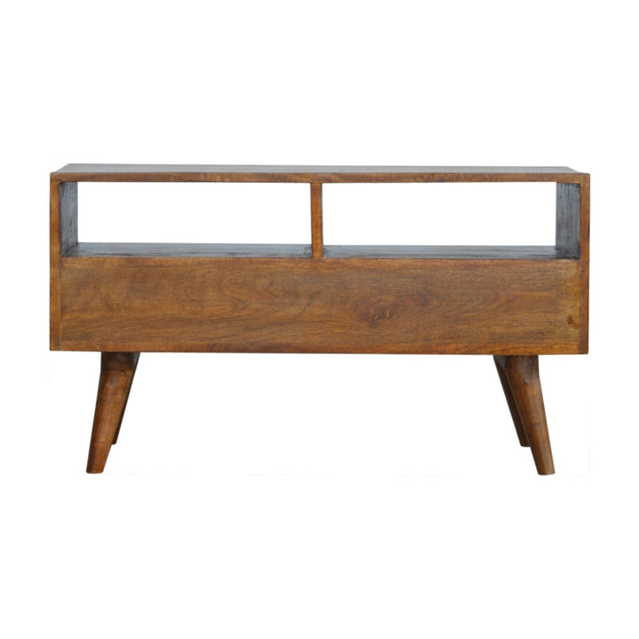 Chestnut Carve TV Stand - Solid Mango Wood Entertainment Center for Living Room - product view 8 showing handcrafted...