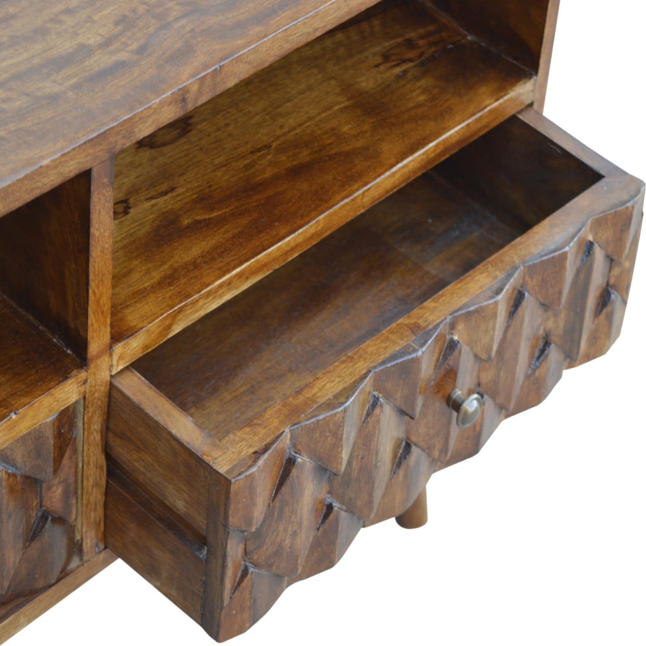 Chestnut Carve TV Stand - Solid Mango Wood Entertainment Center for Living Room - product view 6 showing handcrafted...
