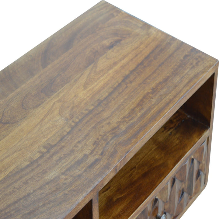 Chestnut Carve TV Stand - Solid Mango Wood Entertainment Center for Living Room - product view 5 showing handcrafted...