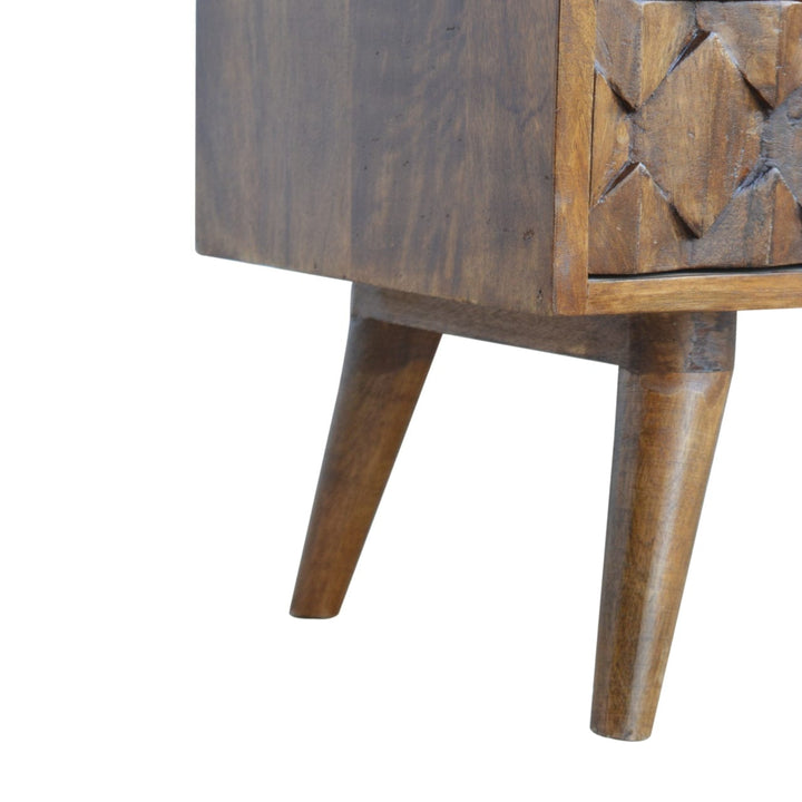 Chestnut Carve TV Stand - Solid Mango Wood Entertainment Center for Living Room - product view 4 showing handcrafted...