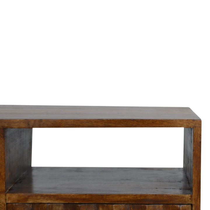Chestnut Carve TV Stand - Solid Mango Wood Entertainment Center for Living Room - product view 3 showing handcrafted...