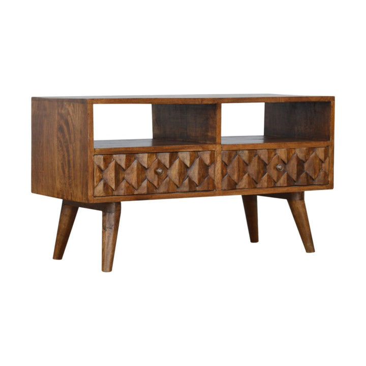 Chestnut Carve TV Stand - Solid Mango Wood Entertainment Center for Living Room - product view 2 showing handcrafted...