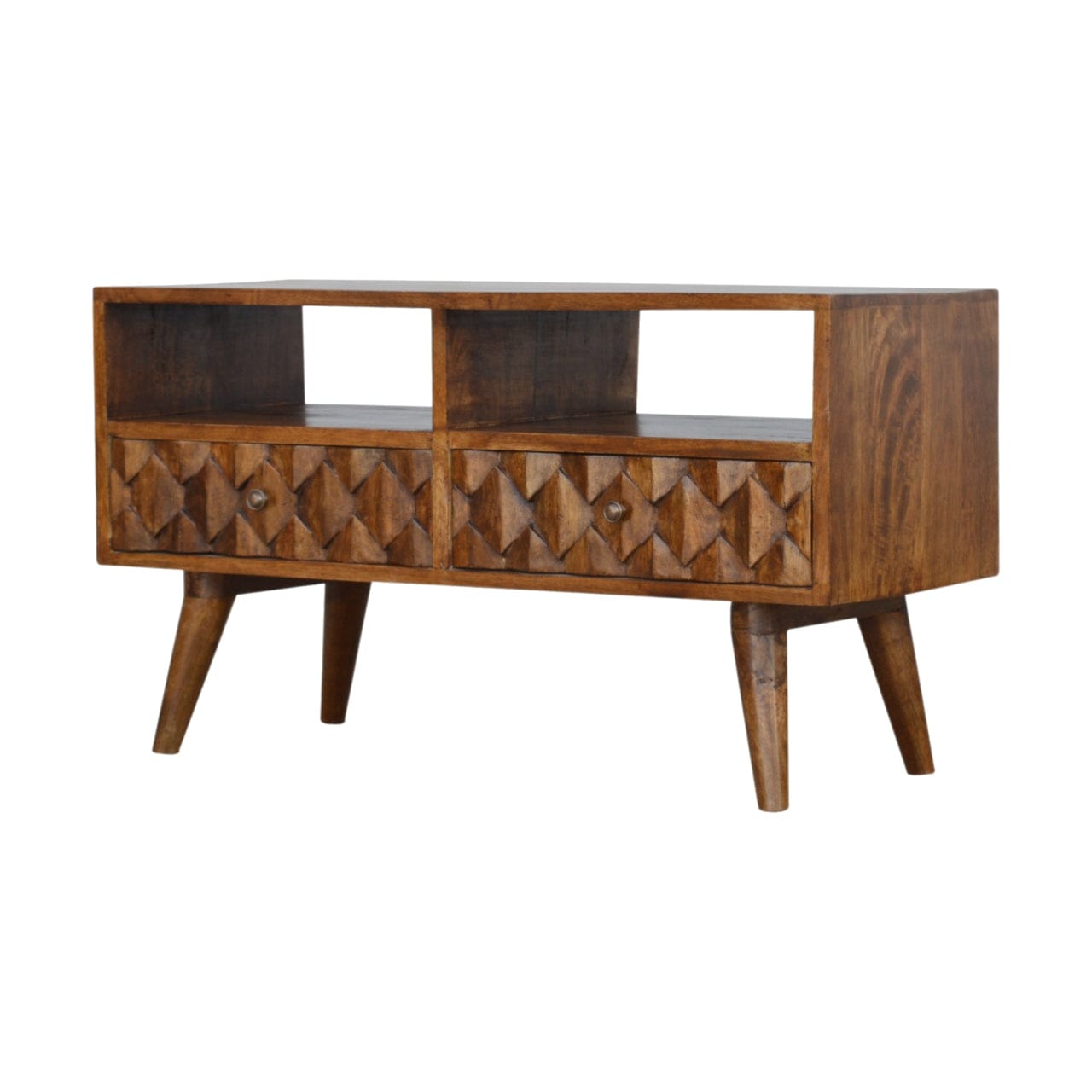 Chestnut Carve TV Stand - Solid Mango Wood Entertainment Center for Living Room - main view showing handcrafted solid...
