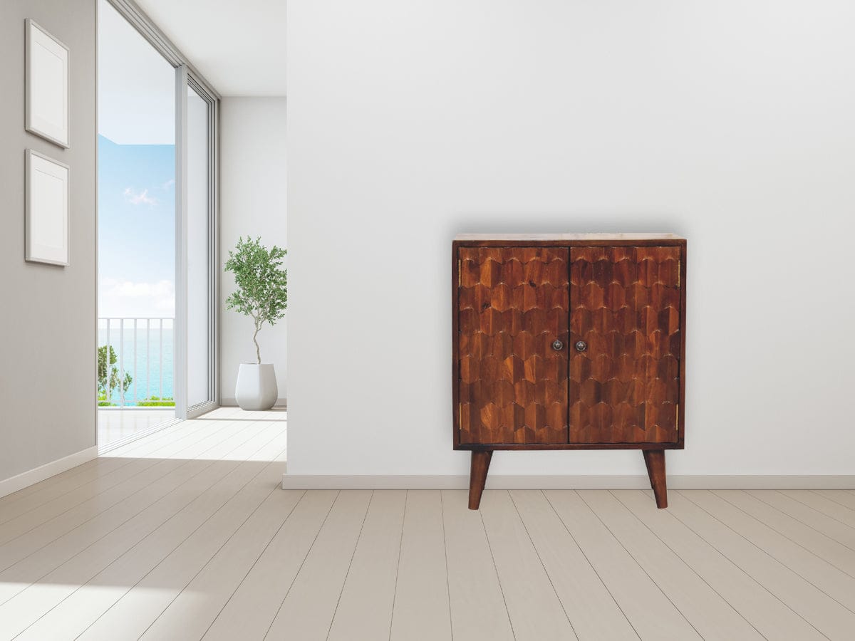 Chestnut Carved Dresser - Solid Mango Wood Storage Chest for Bedroom - product view 8 showing handcrafted solid mango...