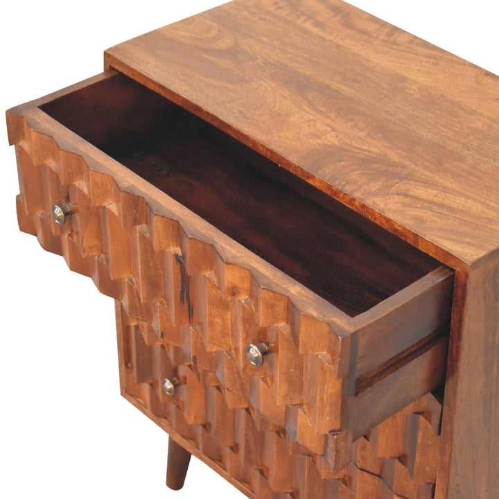 Chestnut Carved Dresser - Solid Mango Wood Storage Chest for Bedroom - product view 6 showing handcrafted solid mango...