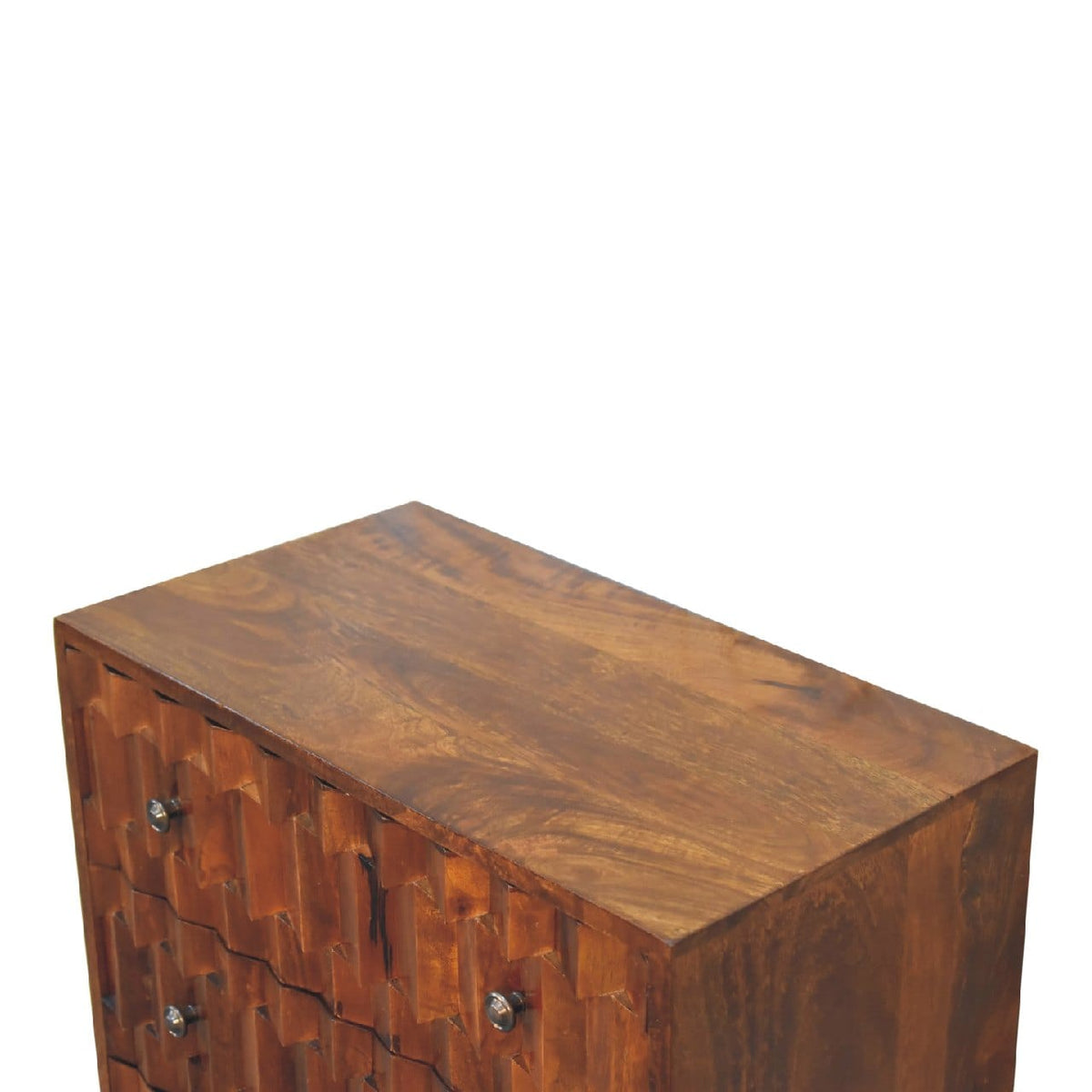 Chestnut Carved Dresser - Solid Mango Wood Storage Chest for Bedroom - product view 5 showing handcrafted solid mango...