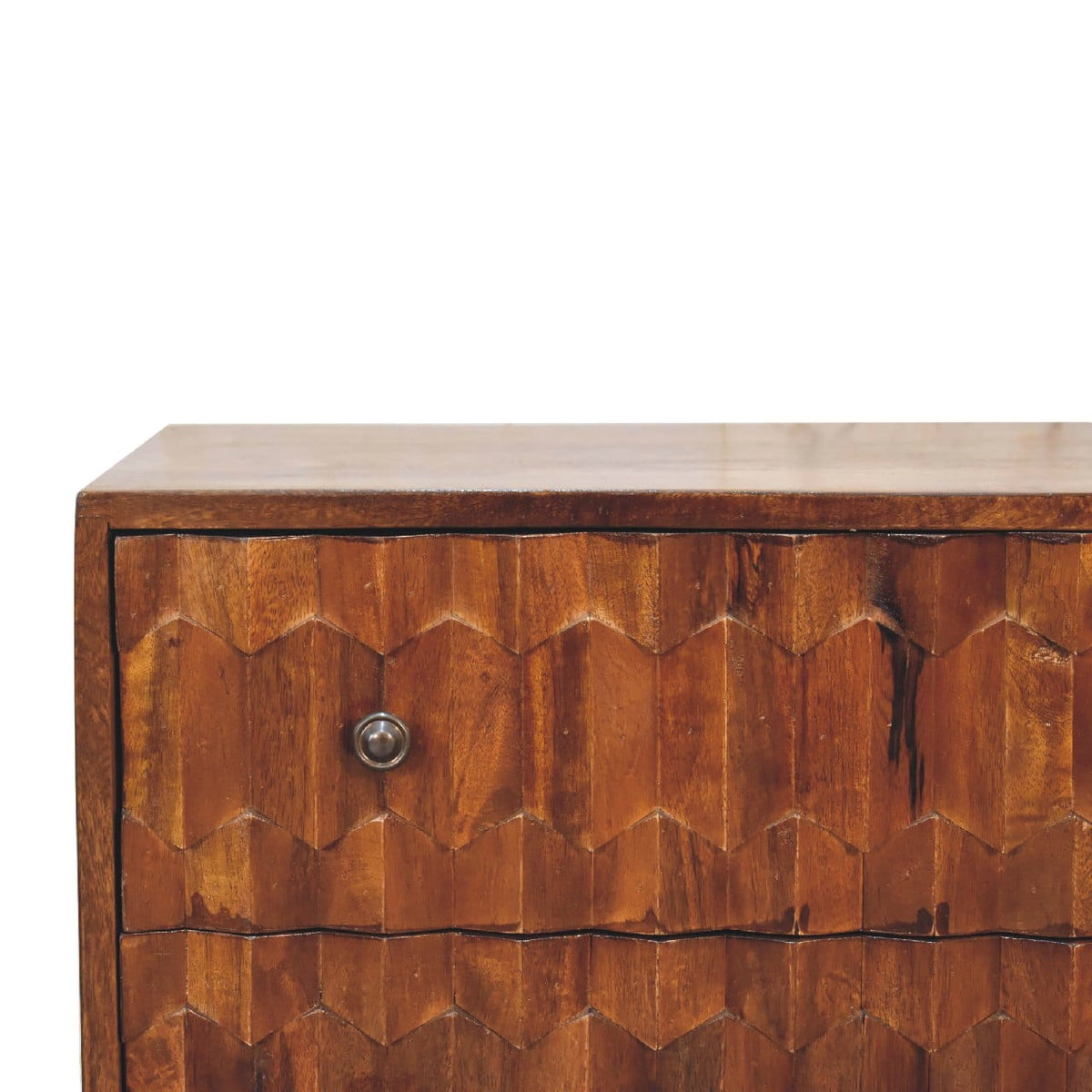 Chestnut Carved Dresser - Solid Mango Wood Storage Chest for Bedroom - product view 4 showing handcrafted solid mango...