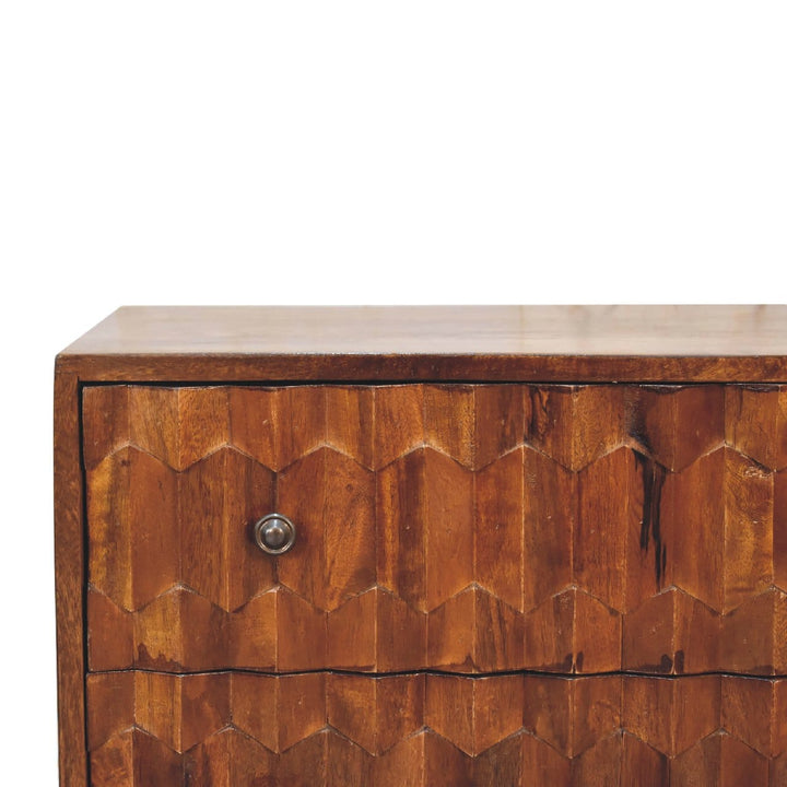 Chestnut Carved Dresser - Solid Mango Wood Storage Chest for Bedroom - product view 4 showing handcrafted solid mango...