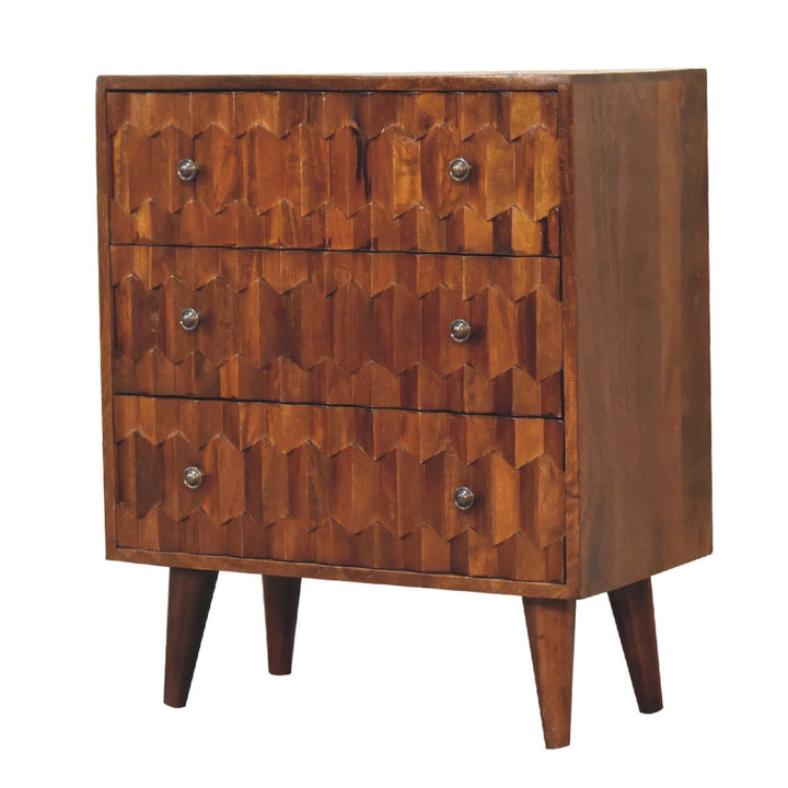 Chestnut Carved Dresser - Solid Mango Wood Storage Chest for Bedroom - product view 3 showing handcrafted solid mango...