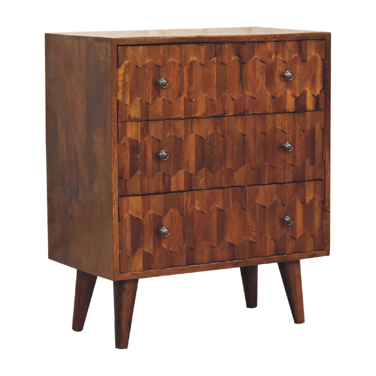 Chestnut Carved Dresser - Solid Mango Wood Storage Chest for Bedroom - product view 2 showing handcrafted solid mango...