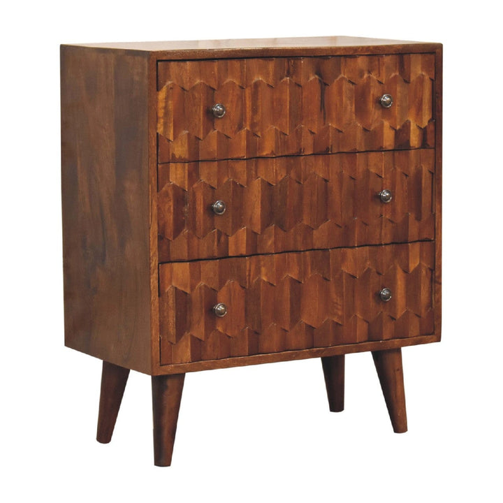 Chestnut Carved Dresser - Solid Mango Wood Storage Chest for Bedroom - product view 2 showing handcrafted solid mango...