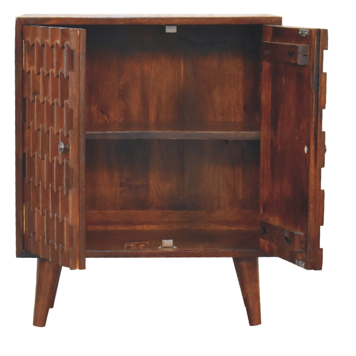 Chestnut Carved Sideboard - Solid Mango Wood Buffet Cabinet for Dining Room - product view 5 showing handcrafted solid...