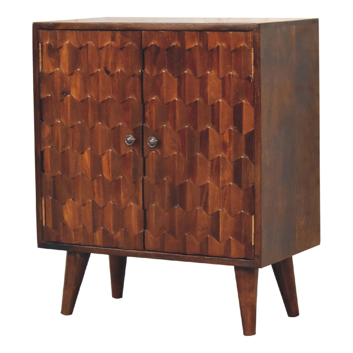 Chestnut Carved Sideboard - Solid Mango Wood Buffet Cabinet for Dining Room - product view 3 showing handcrafted solid...