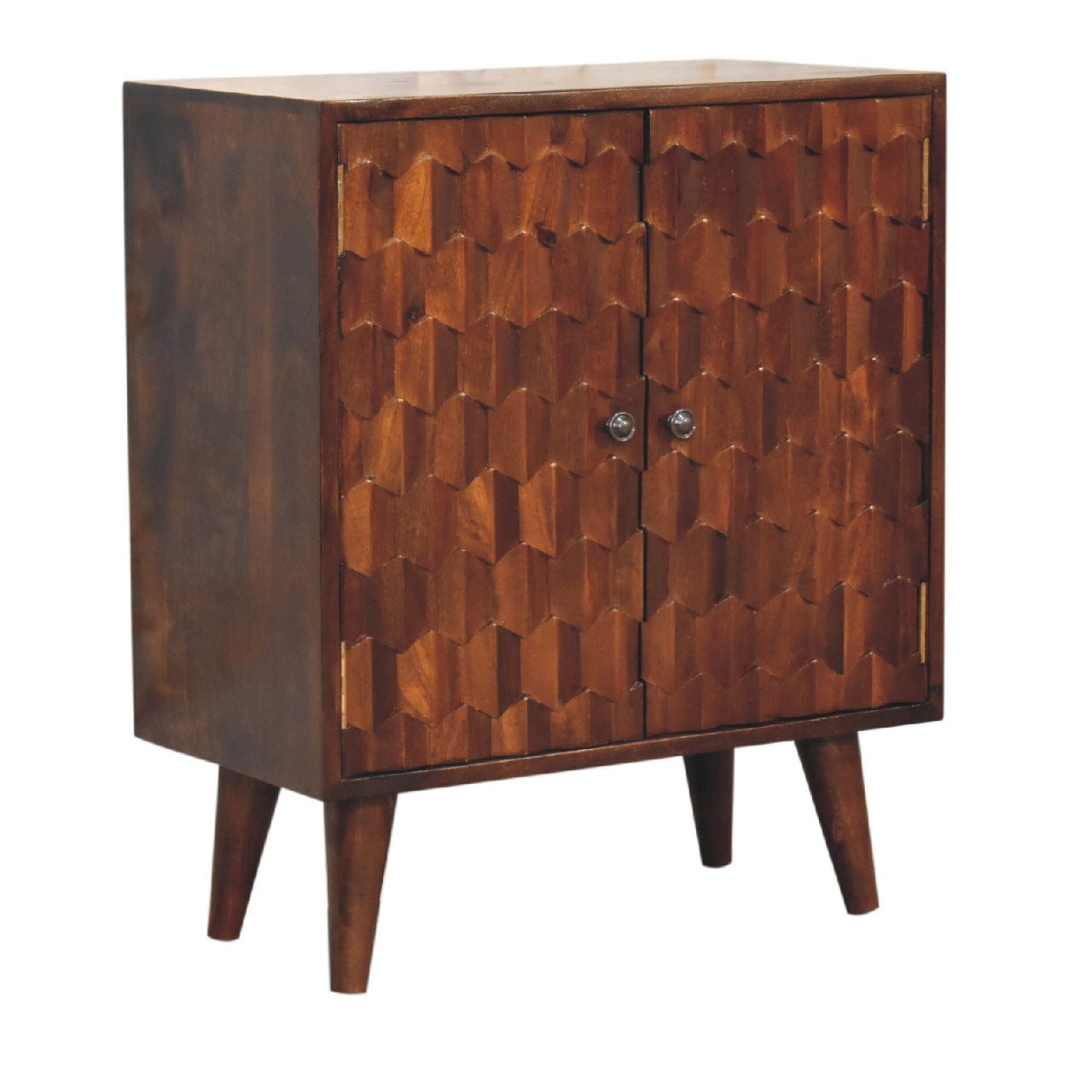 Chestnut Carved Sideboard - Solid Mango Wood Buffet Cabinet for Dining Room - product view 2 showing handcrafted solid...