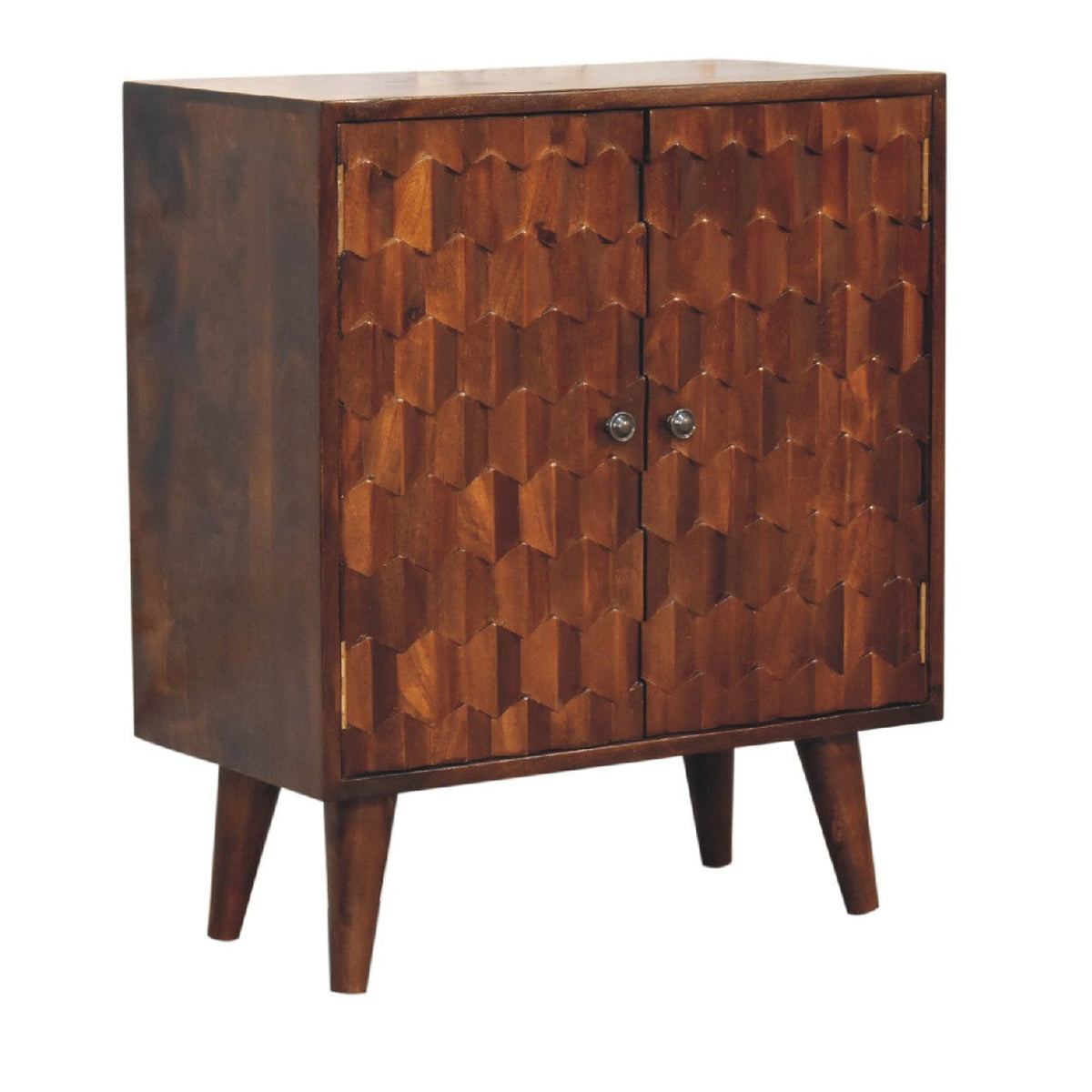 Chestnut Carved Sideboard - Solid Mango Wood Buffet Cabinet for Dining Room - product view 2 showing handcrafted solid...