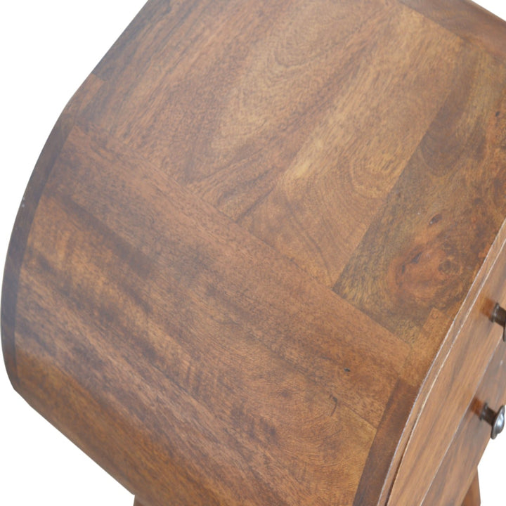 Chestnut Circular Nightstand - Solid Mango Wood Bedside Table for Bedroom - product view 8 showing handcrafted solid...