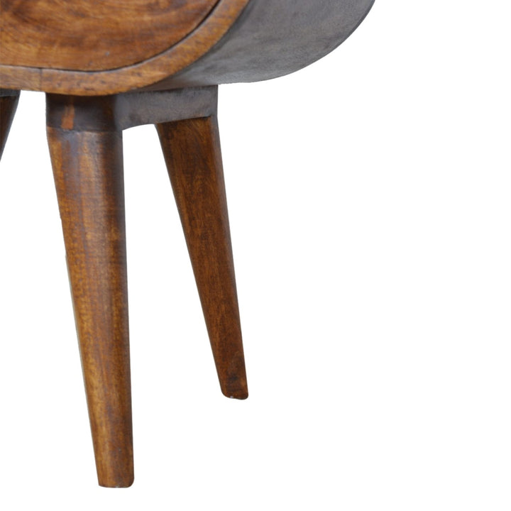 Chestnut Circular Nightstand - Solid Mango Wood Bedside Table for Bedroom - product view 6 showing handcrafted solid...