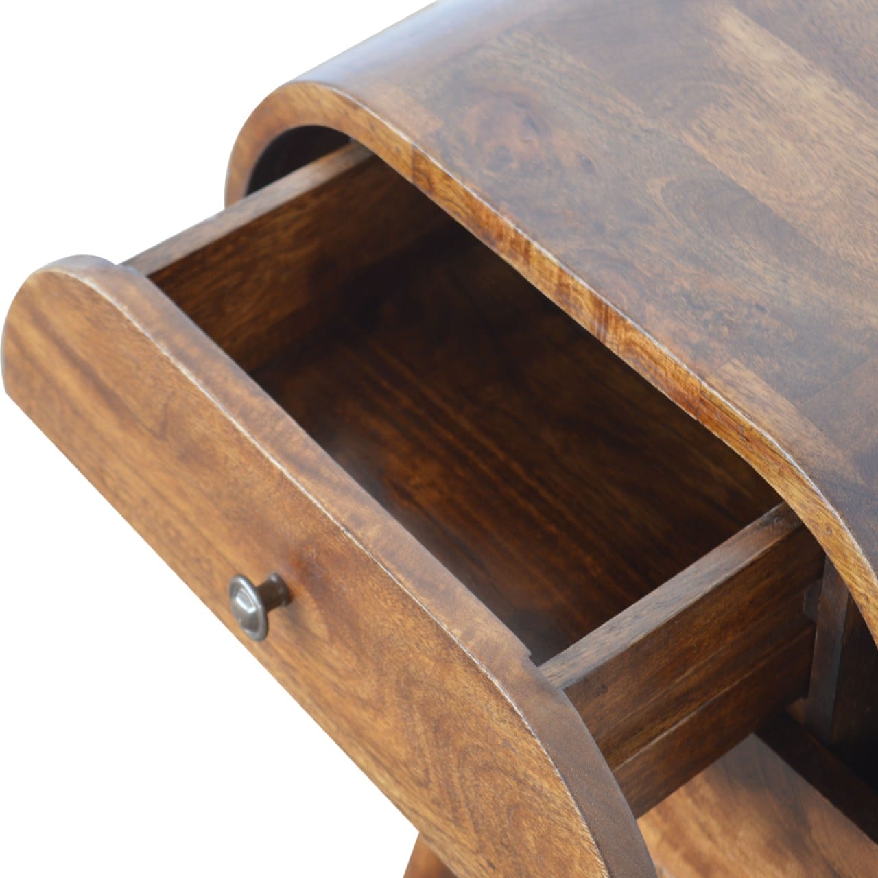 Chestnut Circular Nightstand - Solid Mango Wood Bedside Table for Bedroom - product view 5 showing handcrafted solid...