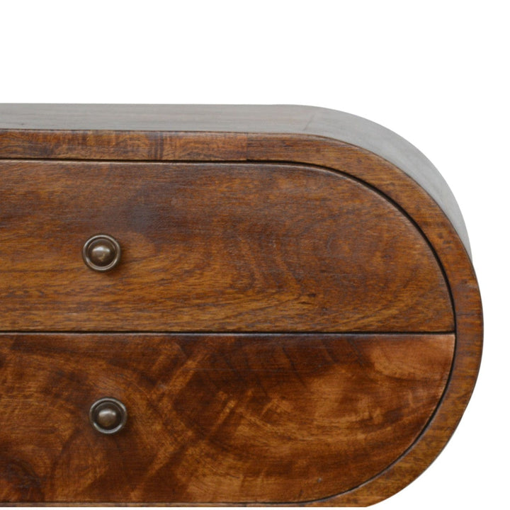 Chestnut Circular Nightstand - Solid Mango Wood Bedside Table for Bedroom - product view 4 showing handcrafted solid...