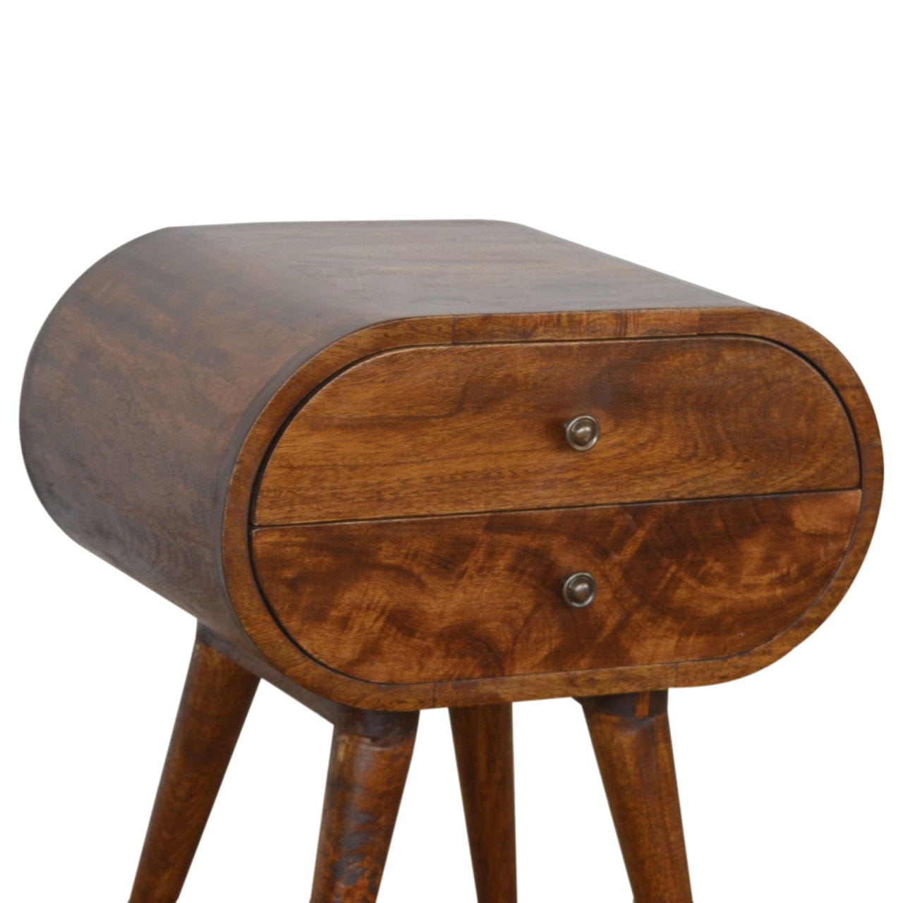 Chestnut Circular Nightstand - Solid Mango Wood Bedside Table for Bedroom - product view 3 showing handcrafted solid...