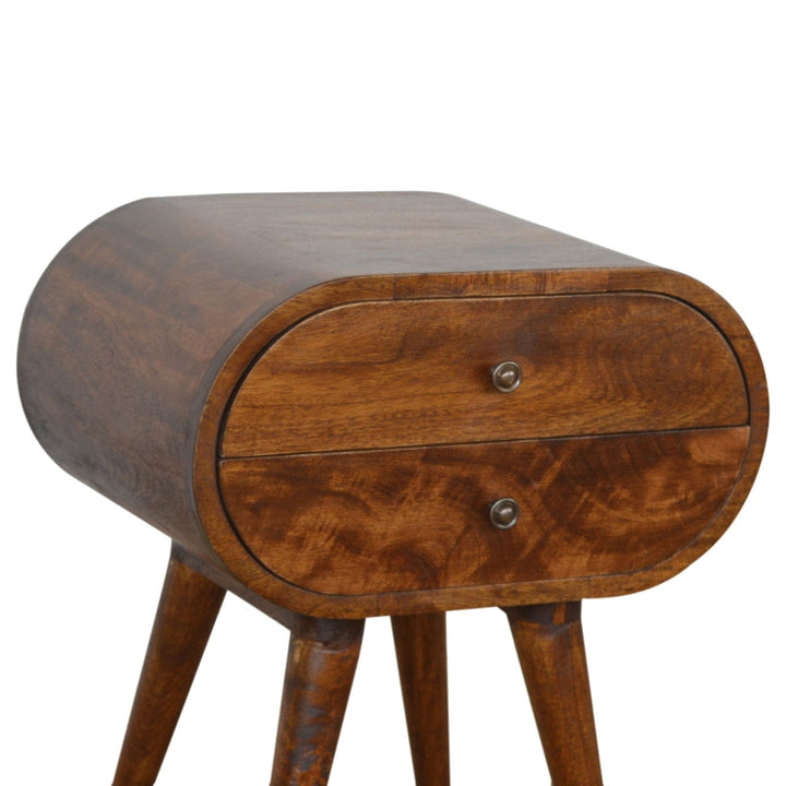 Chestnut Circular Nightstand - Solid Mango Wood Bedside Table for Bedroom - product view 3 showing handcrafted solid...
