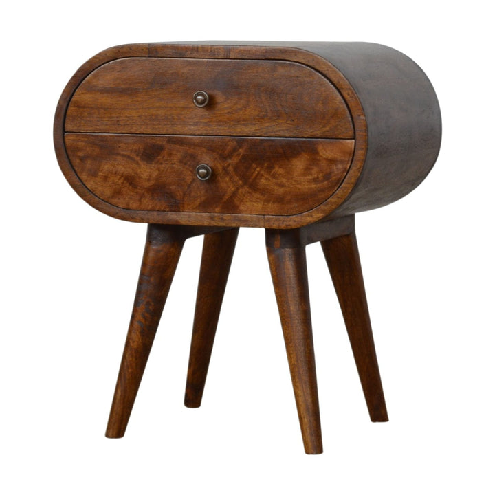 Chestnut Circular Nightstand - Solid Mango Wood Bedside Table for Bedroom - product view 2 showing handcrafted solid...