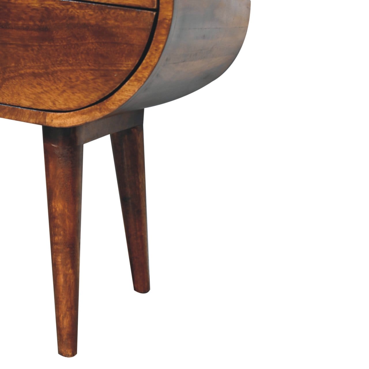 Chestnut Circular Nightstand - Solid Mango Wood Bedside Table for Bedroom - product view 9 showing handcrafted solid...