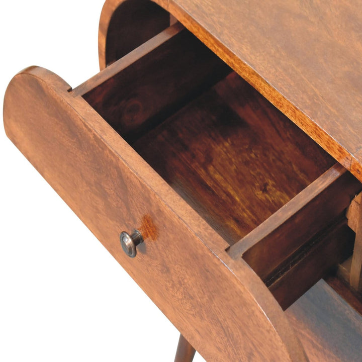 Chestnut Circular Nightstand - Solid Mango Wood Bedside Table for Bedroom - product view 8 showing handcrafted solid...