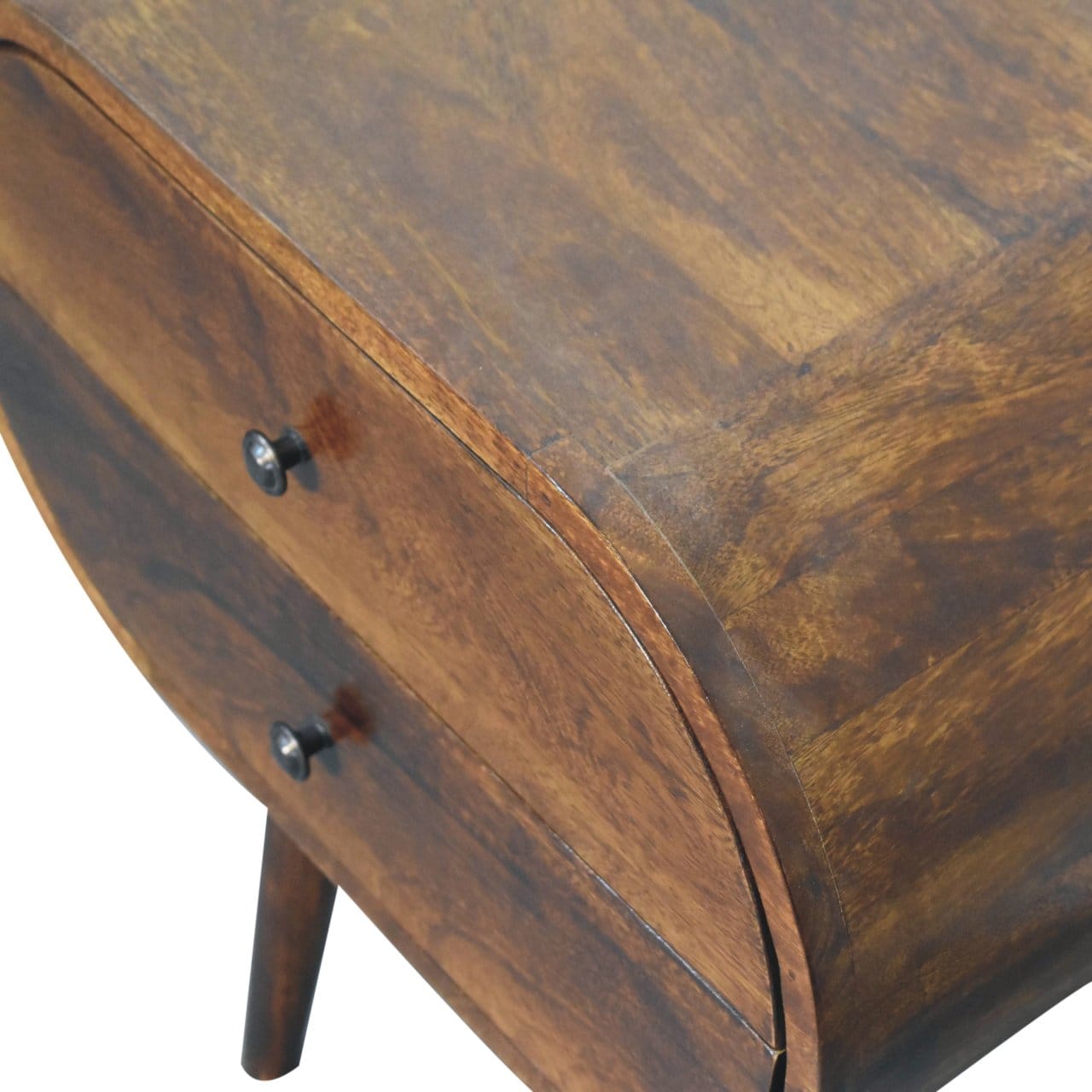 Chestnut Circular Nightstand - Solid Mango Wood Bedside Table for Bedroom - product view 7 showing handcrafted solid...