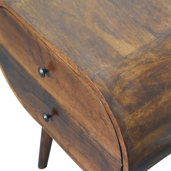 Chestnut Circular Nightstand - Solid Mango Wood Bedside Table for Bedroom - product view 7 showing handcrafted solid...