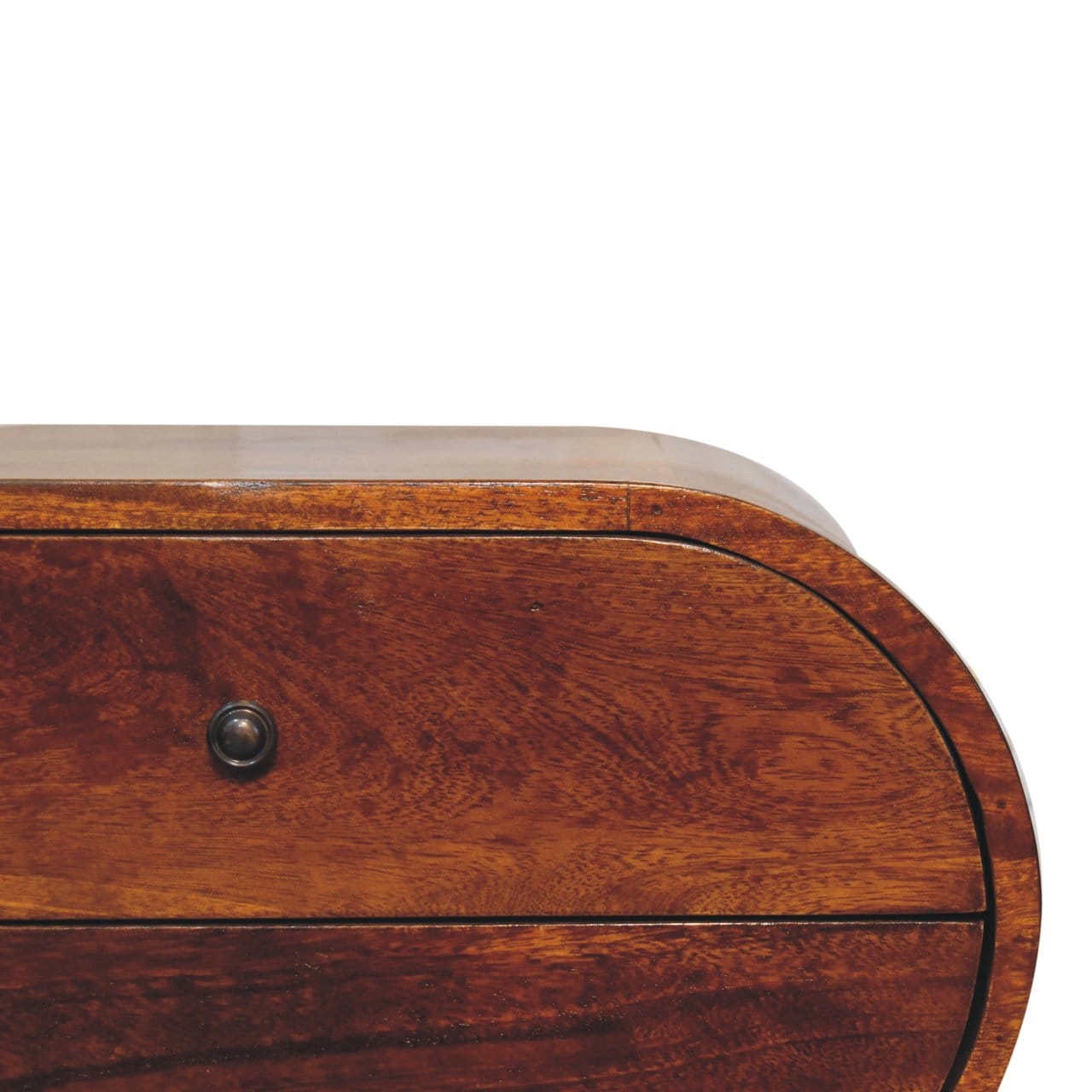 Chestnut Circular Nightstand - Solid Mango Wood Bedside Table for Bedroom - product view 6 showing handcrafted solid...