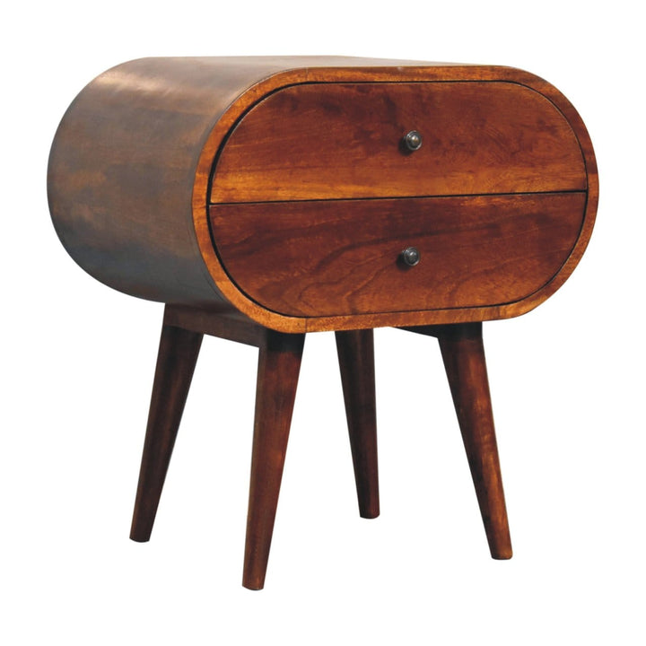 Chestnut Circular Nightstand - Solid Mango Wood Bedside Table for Bedroom - product view 5 showing handcrafted solid...