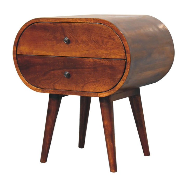Chestnut Circular Nightstand - Solid Mango Wood Bedside Table for Bedroom - product view 4 showing handcrafted solid...