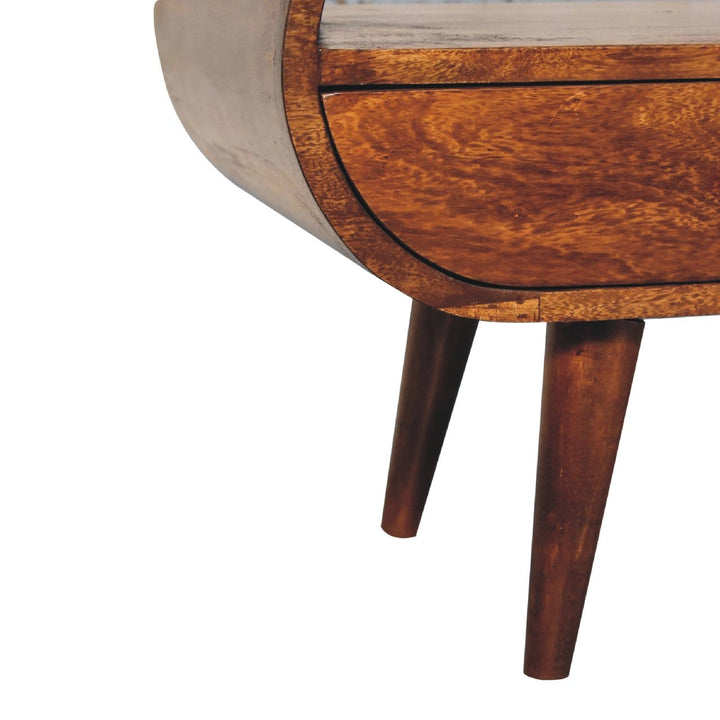 Chestnut Circular TV Stand - Solid Mango Wood Entertainment Center for Living Room - product view 9 showing handcrafted...