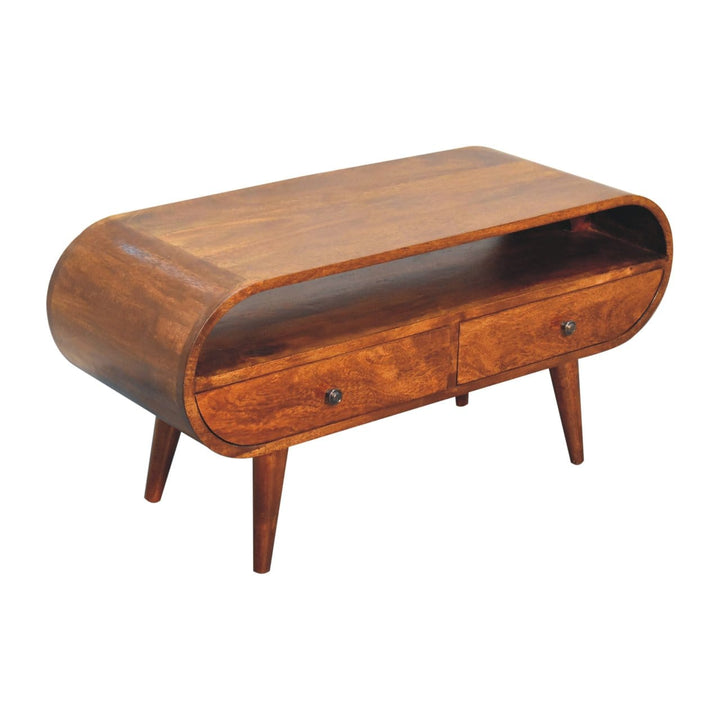 Chestnut Circular TV Stand - Solid Mango Wood Entertainment Center for Living Room - product view 8 showing handcrafted...