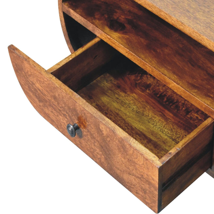 Chestnut Circular TV Stand - Solid Mango Wood Entertainment Center for Living Room - product view 7 showing handcrafted...